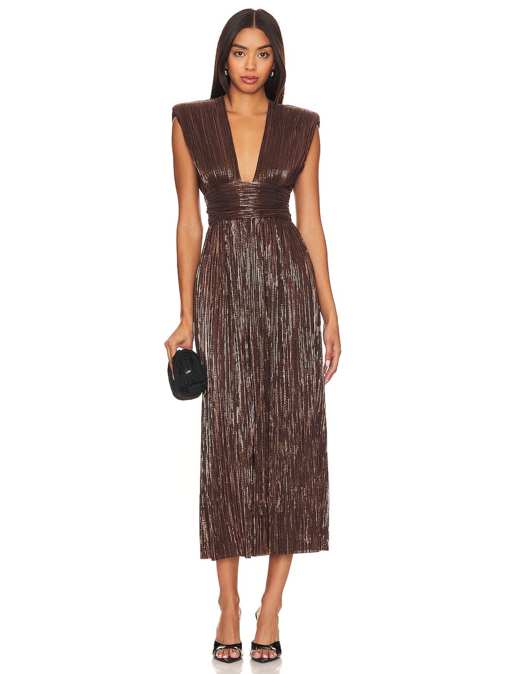 Sabina Musayev | Tinka Metallic Plisse Midi Dress Dark Brown L NWT